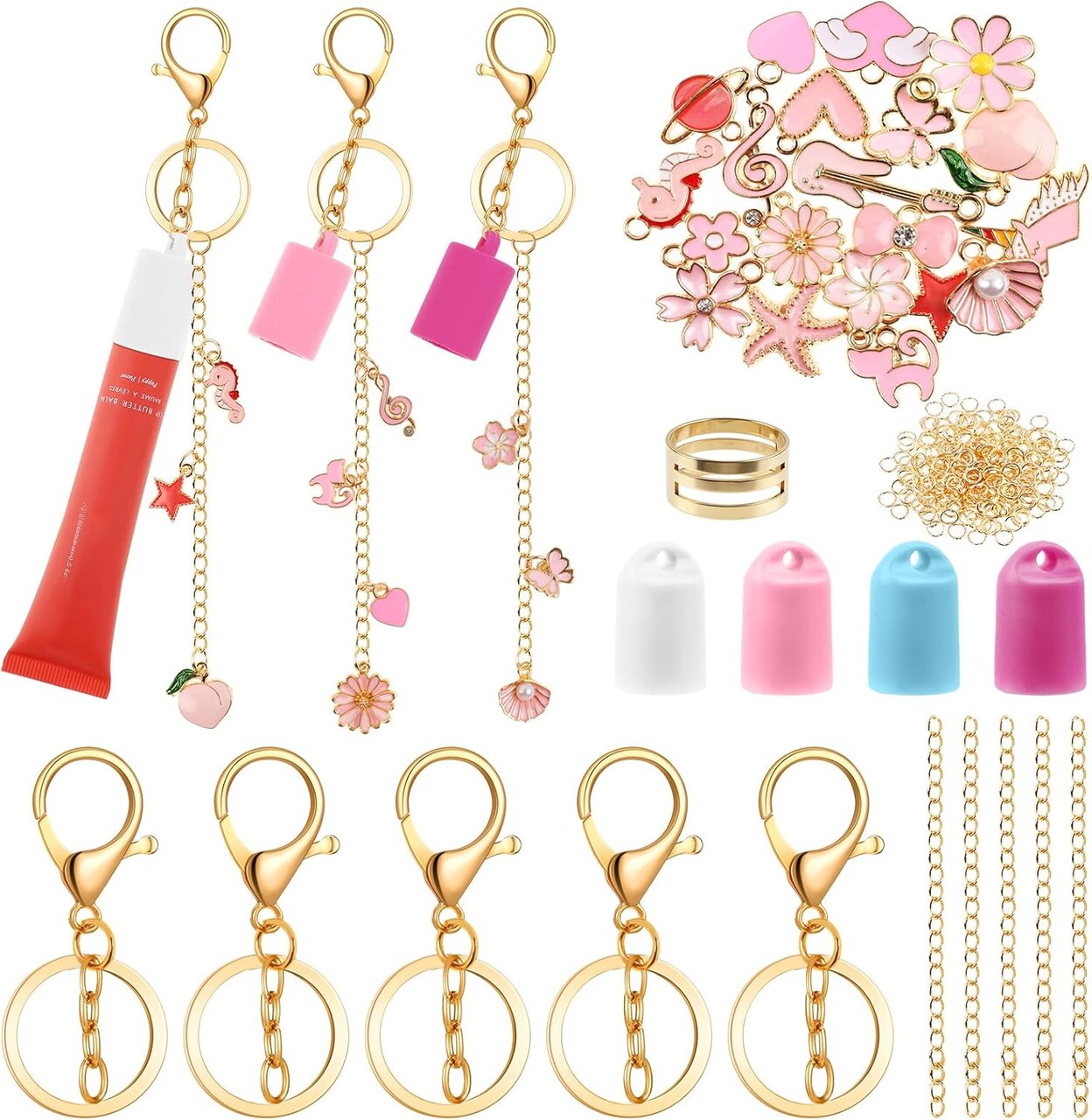 135 Pcs DIY Keychain Making Kit for Women, 4 Pcs Lip Gloss Keychains Cap for Summer Fridays Personalized Mothers Day Gifts Bag Charm Kit with Pink Ornaments Jewelry Accessory